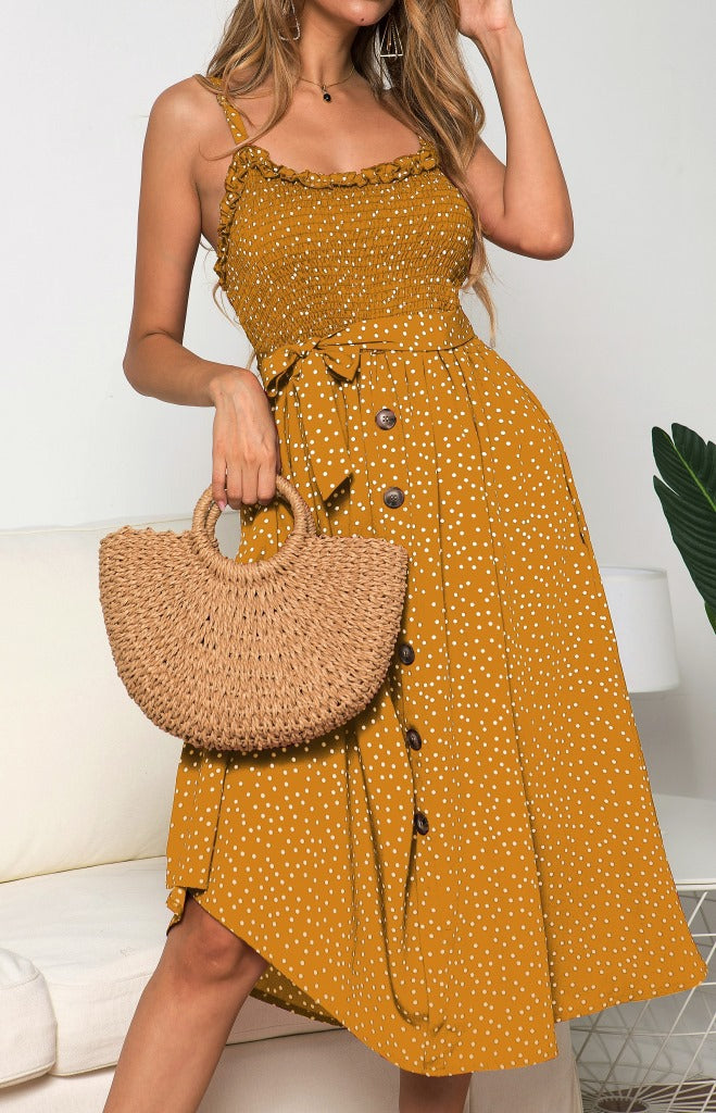 Sexy Summer Sleeveless Slip Dress Women Strapless Bow Button Loose Bandage Pleated Polka Dot Sundress Casual Backless Vestidos