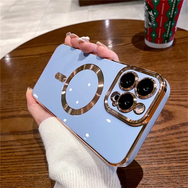For iPhone 15 Pro Max Luxury Magsafe Magnetic Square Plating Frame Phone Case For iPhone 11 12 13 14 Plus Lens Protective Cover