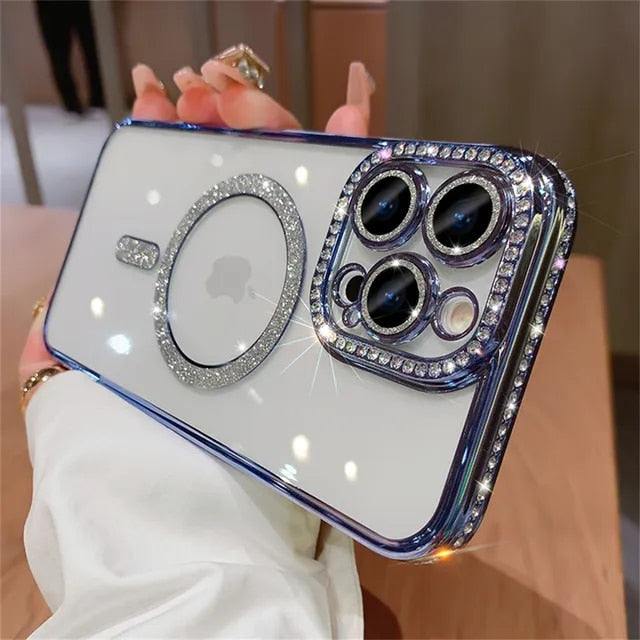 Luxury Diamond Glitter Magnetic Charging Silicone Soft Case For iPhone 15 14 13 12 Pro Max Plus 11 Transparent Shockproof Cover