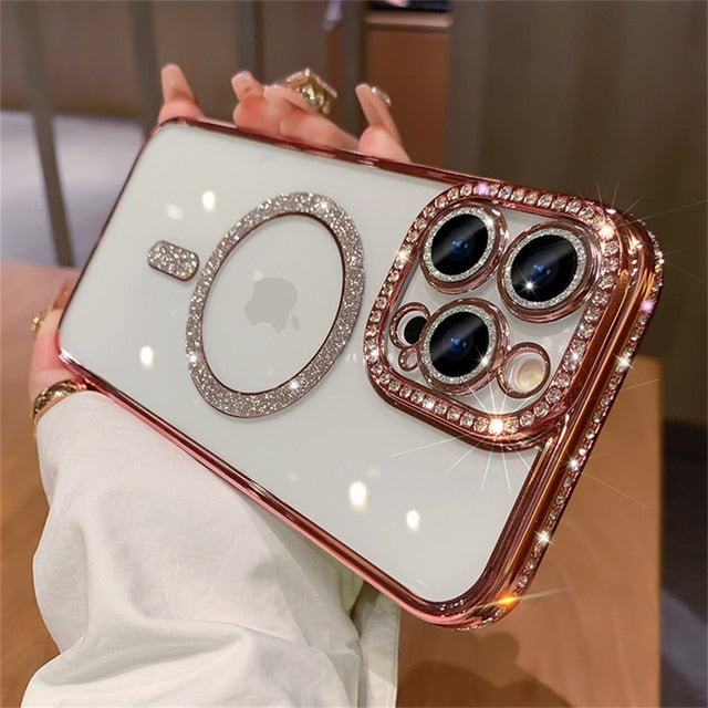 Luxury Diamond Glitter Magnetic Charging Silicone Soft Case For iPhone 15 14 13 12 Pro Max Plus 11 Transparent Shockproof Cover