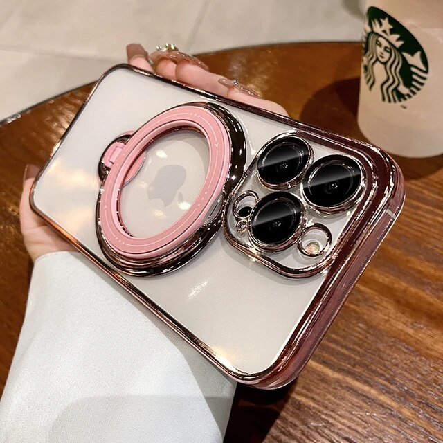 Luxury Magsafe Wireless Charging Case For iPhone 11 12 13 14 15 Pro Max Plus Transparent Magnetic Ring Bracket Bumper Cover