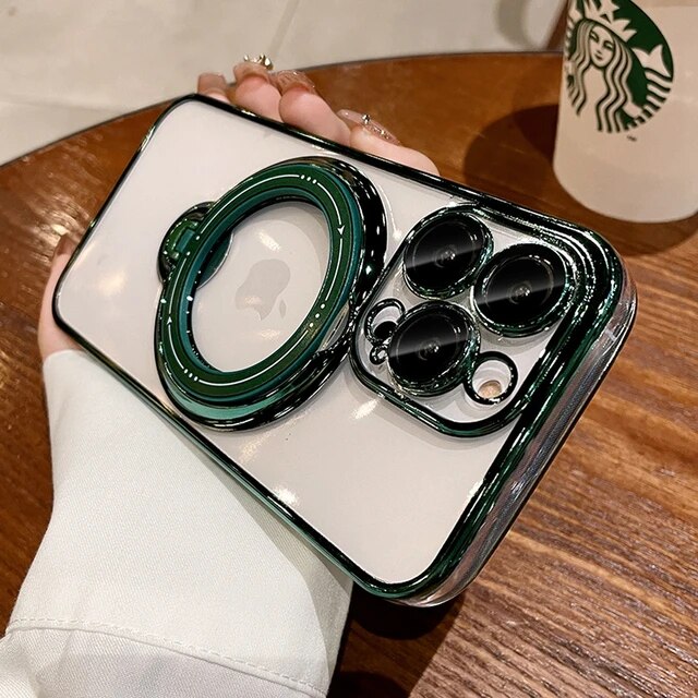 Luxury Magsafe Wireless Charging Case For iPhone 11 12 13 14 15 Pro Max Plus Transparent Magnetic Ring Bracket Bumper Cover