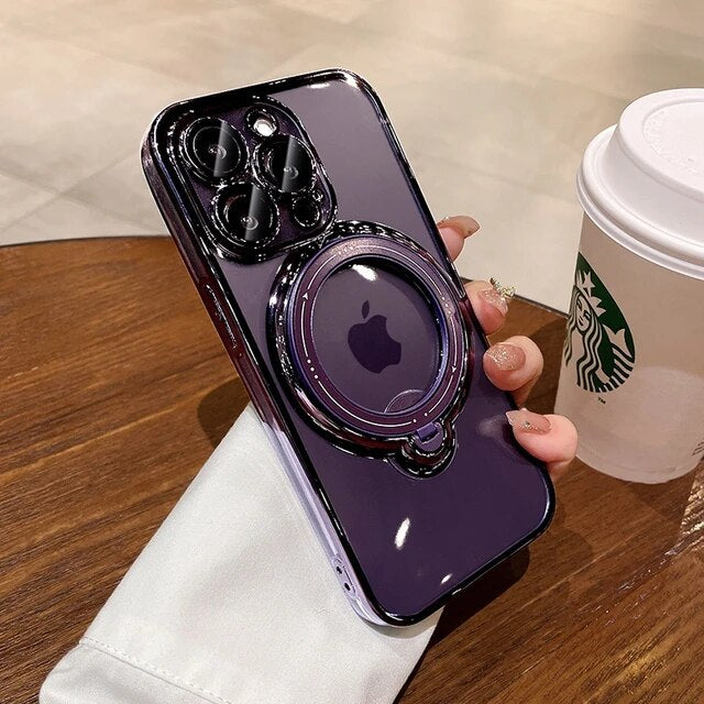 Luxury Magsafe Wireless Charging Case For iPhone 11 12 13 14 15 Pro Max Plus Transparent Magnetic Ring Bracket Bumper Cover