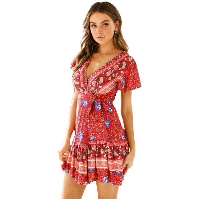 Spot new summer V-neck sexy printed dress short skirt women's clothing