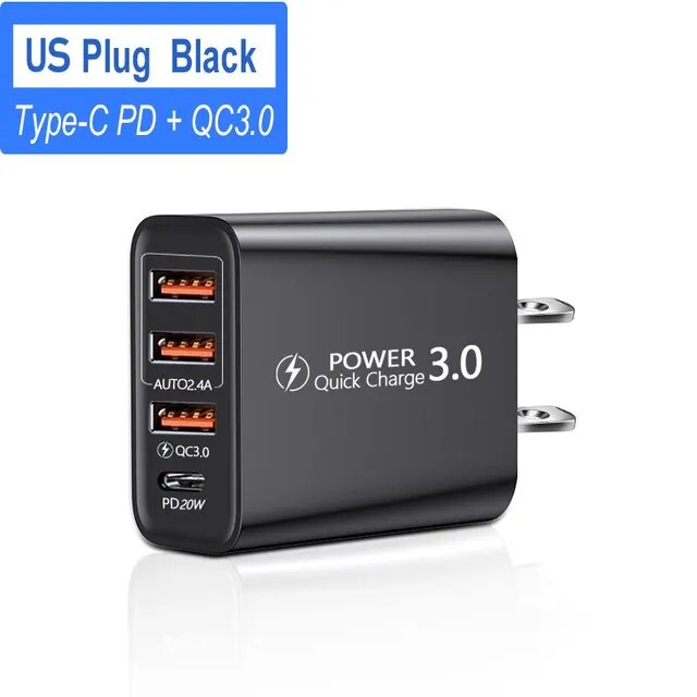 Type C USB Quick Charger 4 Ports 3.0 PD Cell Mobile Phone Power FAST Adapter For iPhone Samsung Xiaomi White