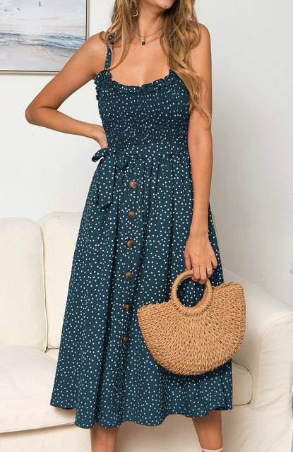 Sexy Summer Sleeveless Slip Dress Women Strapless Bow Button Loose Bandage Pleated Polka Dot Sundress Casual Backless Vestidos
