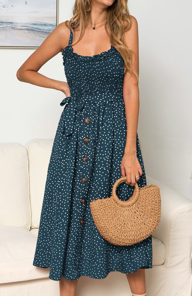 Sexy Summer Sleeveless Slip Dress Women Strapless Bow Button Loose Bandage Pleated Polka Dot Sundress Casual Backless Vestidos