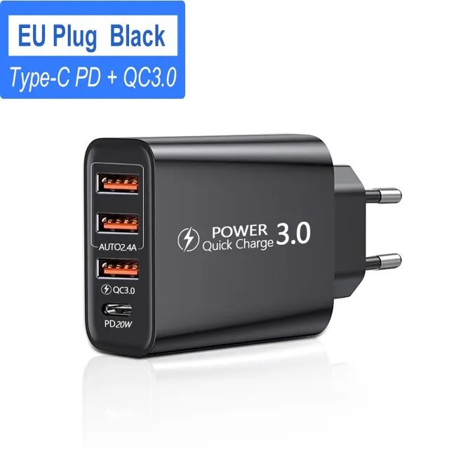 Type C USB Quick Charger 4 Ports 3.0 PD Cell Mobile Phone Power FAST Adapter For iPhone Samsung Xiaomi White
