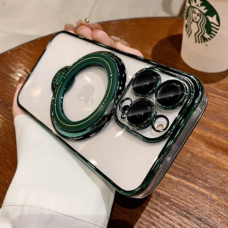 Luxury Magsafe Wireless Charging Case For iPhone 11 12 13 14 15 Pro Max Plus Transparent Magnetic Ring Bracket Bumper Cover