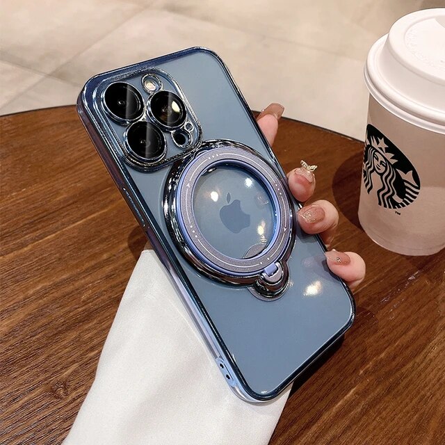 Luxury Magsafe Wireless Charging Case For iPhone 11 12 13 14 15 Pro Max Plus Transparent Magnetic Ring Bracket Bumper Cover