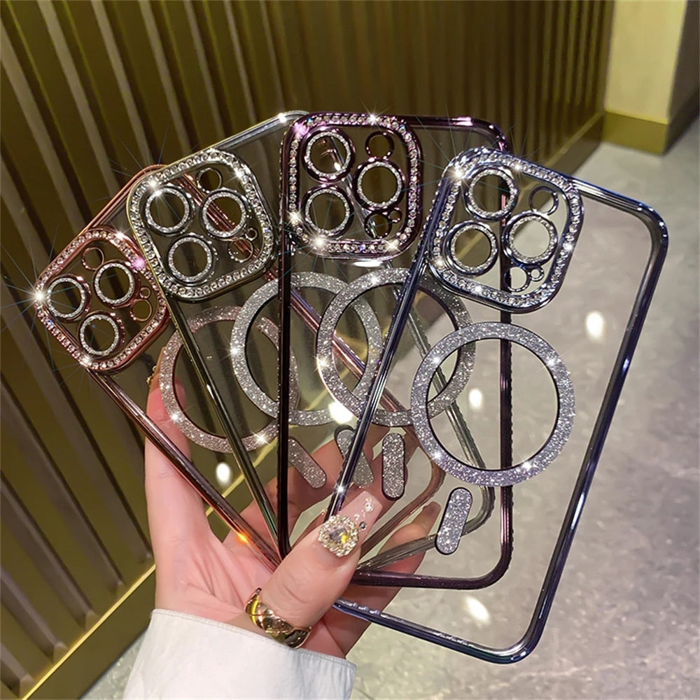 Luxury Diamond Glitter Magnetic Charging Silicone Soft Case For iPhone 15 14 13 12 Pro Max Plus 11 Transparent Shockproof Cover