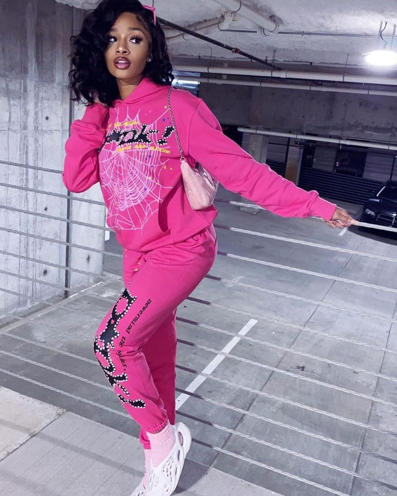 Spider Web Print Hoodies Men Women Hip Hop Casual Long Sleeve Loose Sweatshirts Pants 2022 Autumn Winter Gothic Punk Pullovers