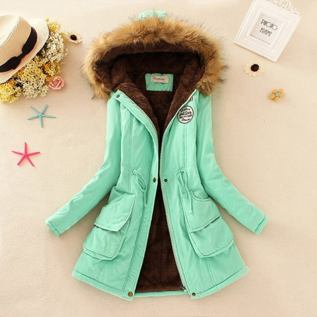 SheBlingBling Autumn Warm Winter Jacket Women Women's Fur Collar Coats Jackets for Lady Long Slim Down Parka Hoodies Parkas