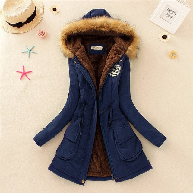 SheBlingBling Autumn Warm Winter Jacket Women Women's Fur Collar Coats Jackets for Lady Long Slim Down Parka Hoodies Parkas