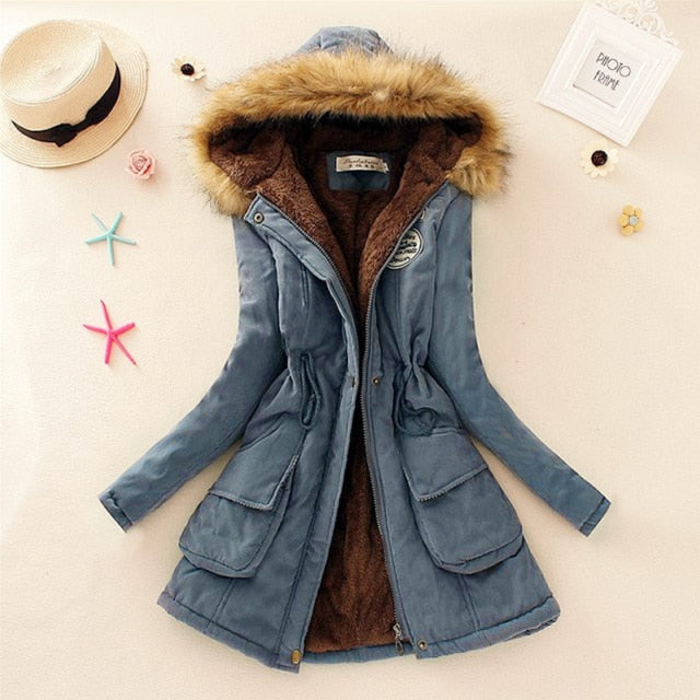 SheBlingBling Autumn Warm Winter Jacket Women Women's Fur Collar Coats Jackets for Lady Long Slim Down Parka Hoodies Parkas