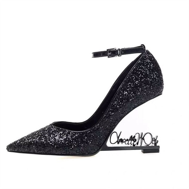 Ystergal Metal Letters Heel Women Pumps Patent Leather