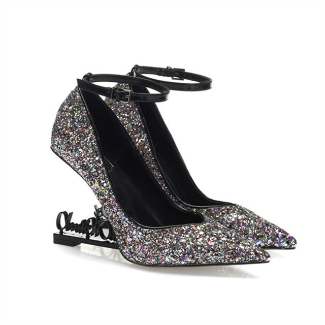 Ystergal Metal Letters Heel Women Pumps Patent Leather