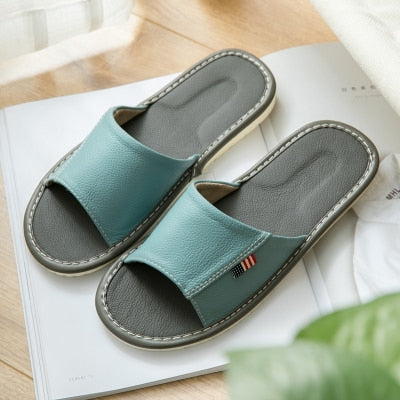 Women's Summer Genuine Leather Indoor Slippers Anti-Slip Super Soft Couples' Home Shoes Comfortable Cow Leather Casual Slippers