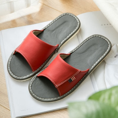 Women's Summer Genuine Leather Indoor Slippers Anti-Slip Super Soft Couples' Home Shoes Comfortable Cow Leather Casual Slippers