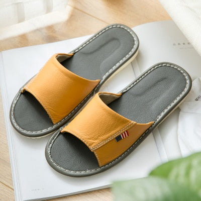 Women's Summer Genuine Leather Indoor Slippers Anti-Slip Super Soft Couples' Home Shoes Comfortable Cow Leather Casual Slippers
