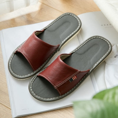 Women's Summer Genuine Leather Indoor Slippers Anti-Slip Super Soft Couples' Home Shoes Comfortable Cow Leather Casual Slippers