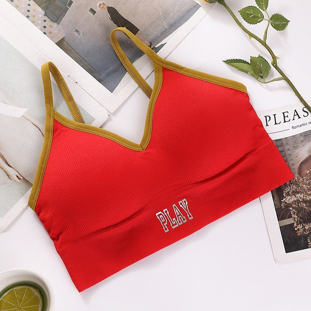 Women Tank Crop Top Female Letter Push Up Sexy Sport Seamless Bra Cropped Tee