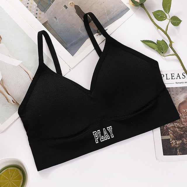 Women Tank Crop Top Female Letter Push Up Sexy Sport Seamless Bra Cropped Tee