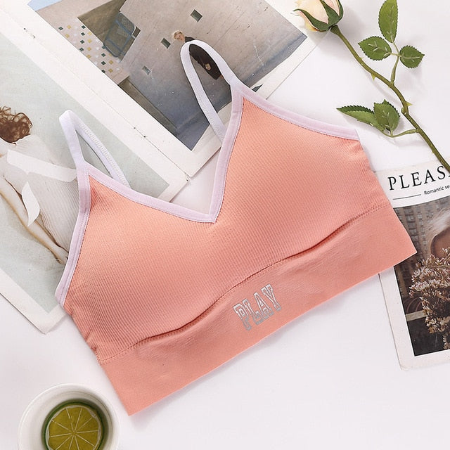 Women Tank Crop Top Female Letter Push Up Sexy Sport Seamless Bra Cropped Tee