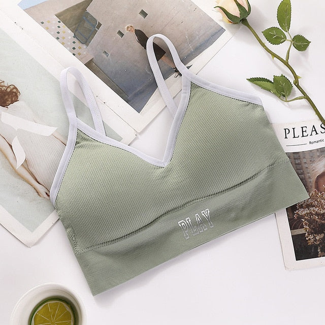 Women Tank Crop Top Female Letter Push Up Sexy Sport Seamless Bra Cropped Tee