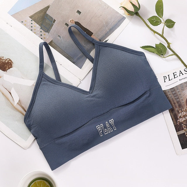 Women Tank Crop Top Female Letter Push Up Sexy Sport Seamless Bra Cropped Tee