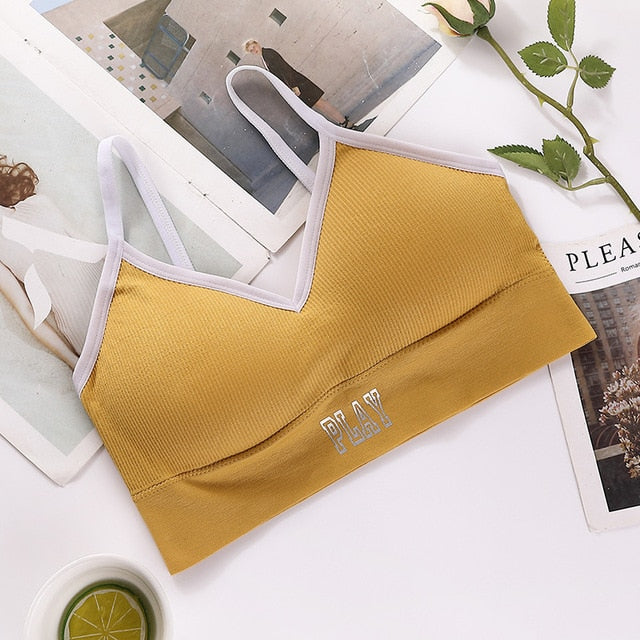 Women Tank Crop Top Female Letter Push Up Sexy Sport Seamless Bra Cropped Tee