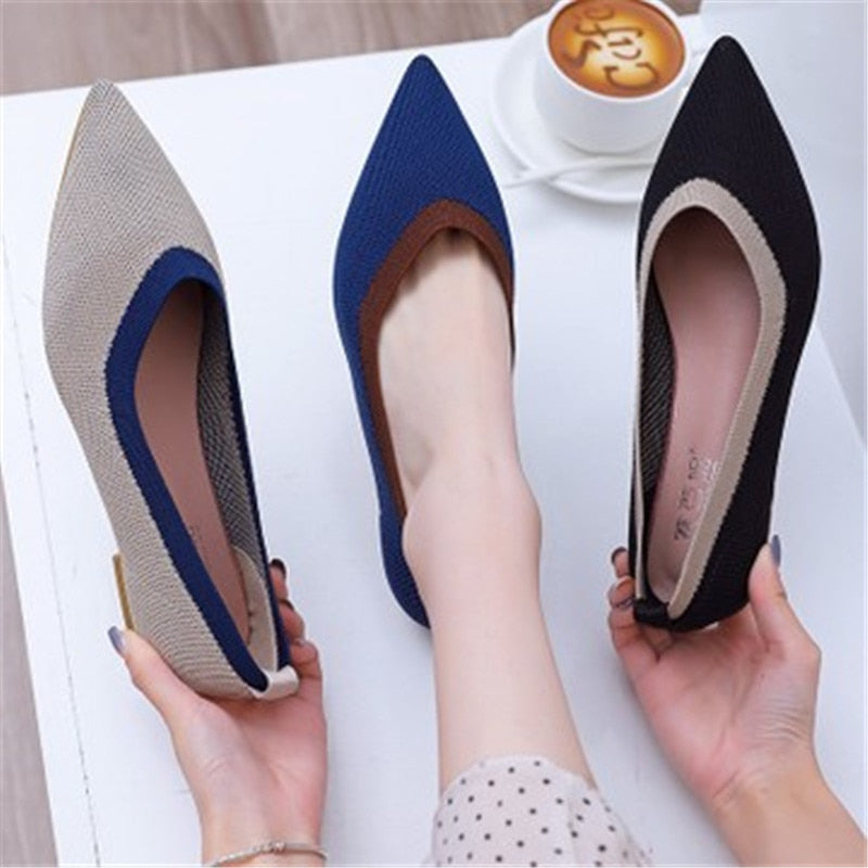 Women's Flat Shoes Ballet Shoes Pointed Breathable Knit Moccasin Mixed Color Soft