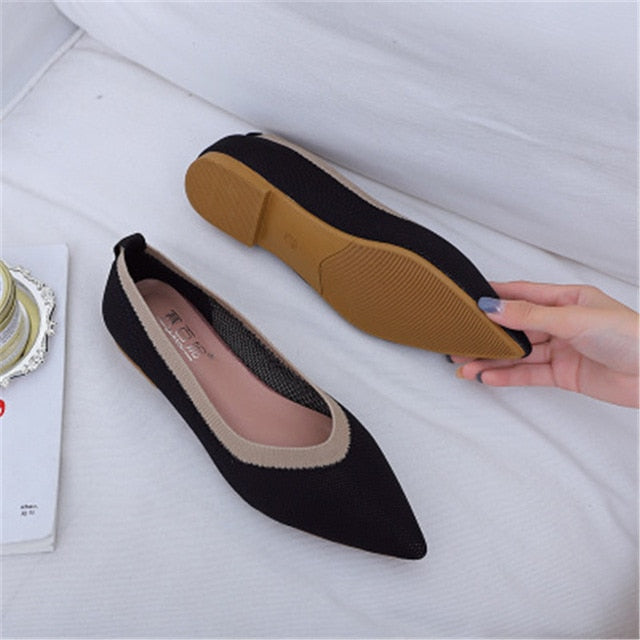 Women's Flat Shoes Ballet Shoes Pointed Breathable Knit Moccasin Mixed Color Soft