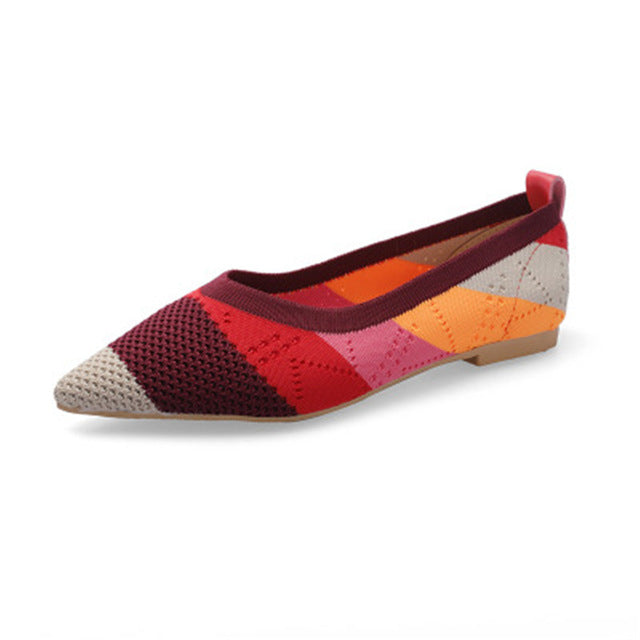 Women's Flat Shoes Ballet Shoes Pointed Breathable Knit Moccasin Mixed Color Soft