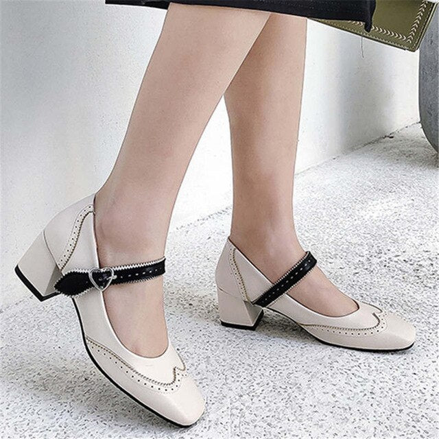 Odetina Women New Block Thick High Heel Square Toe Mary Janes Pumps