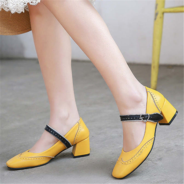 Odetina Women New Block Thick High Heel Square Toe Mary Janes Pumps