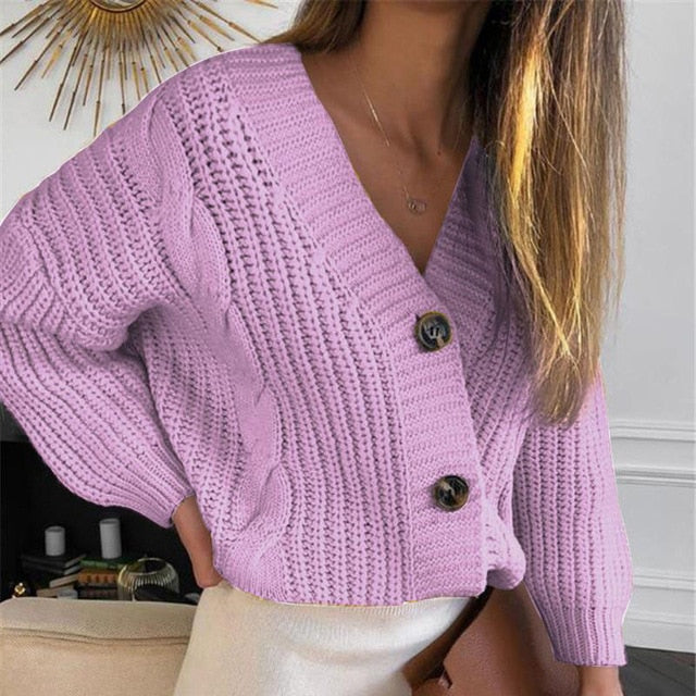 Women Short Cardigan Knitted Sweater Long Sleeve V neck Cardigans
