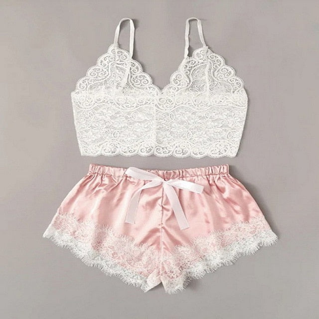 Separate 2pcs Lace Sleepwear Beach Dress Lingerie Night Short Sleeveless Satin