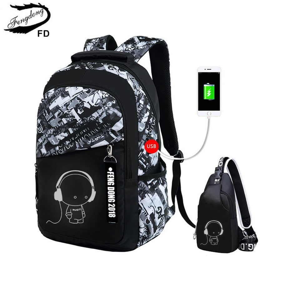 Fengdong boys school bags waterproof large backpack for teenagers bagpack high school backpack for boy student chest bag set
