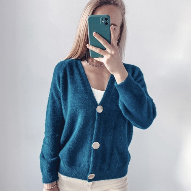 Hirsionsan Elegant Long Sleeve Mohair Sweater Soft Flexible Knitted Outwear