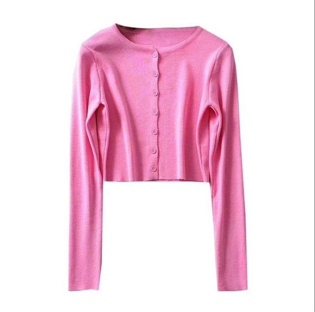Korean Style O-neck Short Knitted Sweaters Cardigan