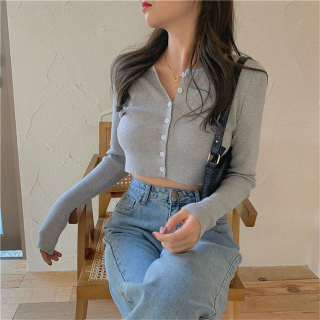 Korean Style O-neck Short Knitted Sweaters Cardigan