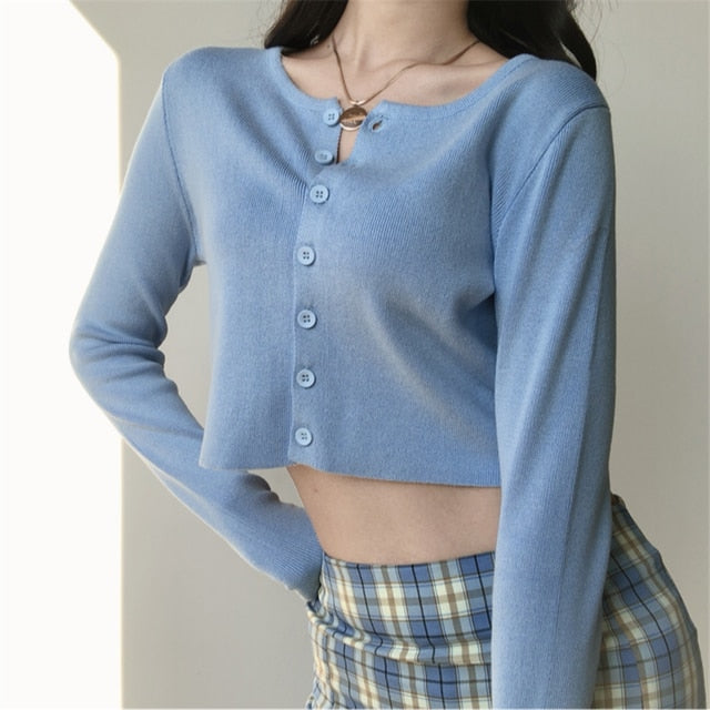 Korean Style O-neck Short Knitted Sweaters Cardigan