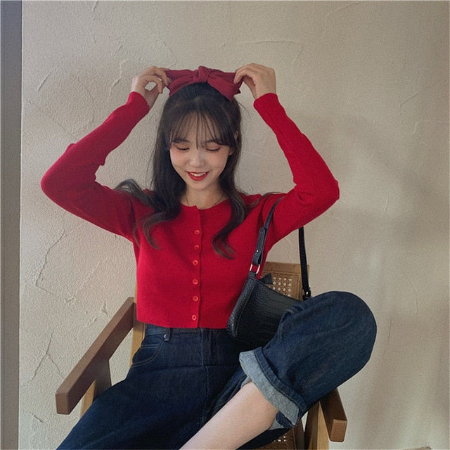 Korean Style O-neck Short Knitted Sweaters Cardigan