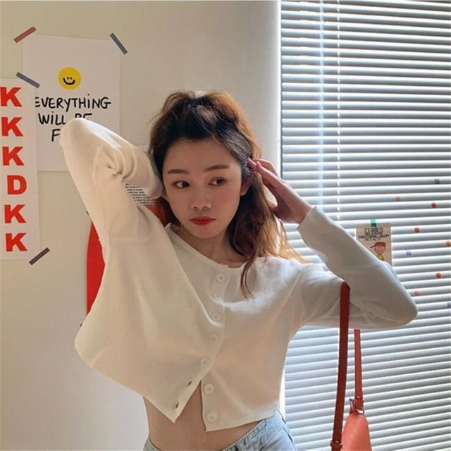 Korean Style O-neck Short Knitted Sweaters Cardigan