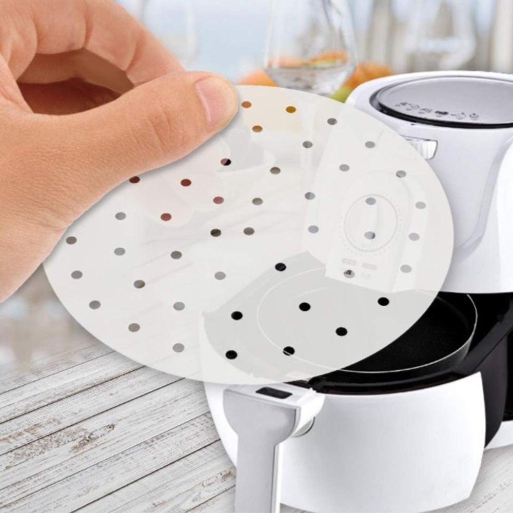 100Pc 7/8/9 Inch Air Fryer Steamer Liners Premium Perforated Wood Pulp Papers Non-Stick Steaming Basket Mat Baking Cooking Tools