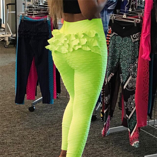 2021 Candy Color Fitness Leggings Flounces Hips Patchwork Sporting Leggings Women Wrinkle Solid High Waist Fitness Pants Casual