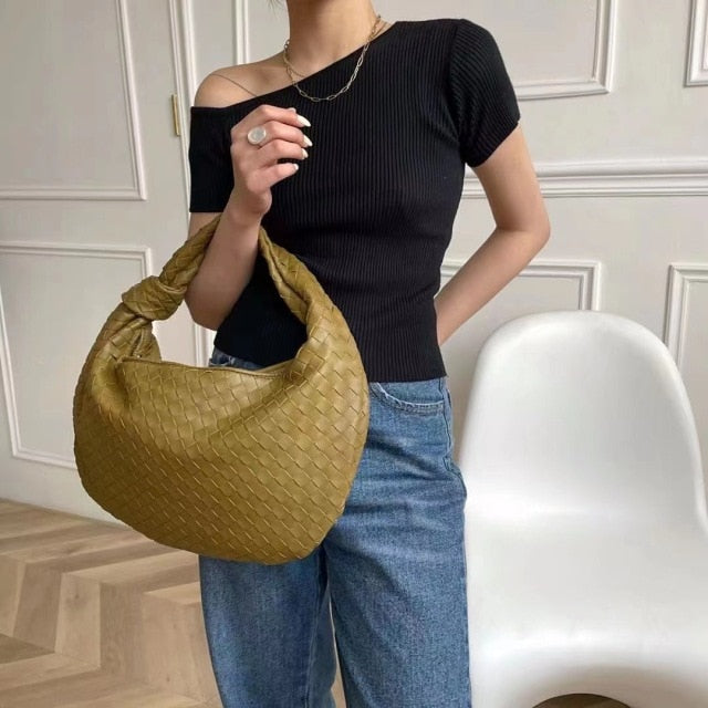 2021 Fashion Handmade Woven Bag Luxury Woven Leather Printed Shoulder Bag Lady Crossbody Hobo PU Knotted Handle Casual Handbag