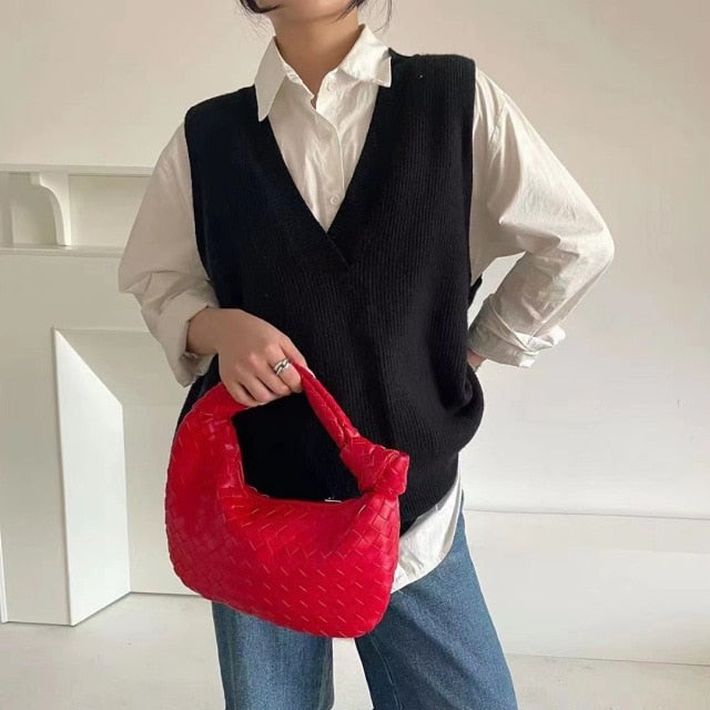 2021 Fashion Handmade Woven Bag Luxury Woven Leather Printed Shoulder Bag Lady Crossbody Hobo PU Knotted Handle Casual Handbag