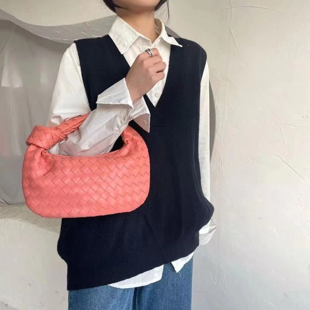 2021 Fashion Handmade Woven Bag Luxury Woven Leather Printed Shoulder Bag Lady Crossbody Hobo PU Knotted Handle Casual Handbag